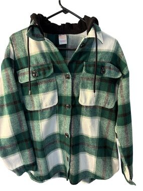 No Boundaries Teal and White Plaid Hooded Sherpa Shacket
